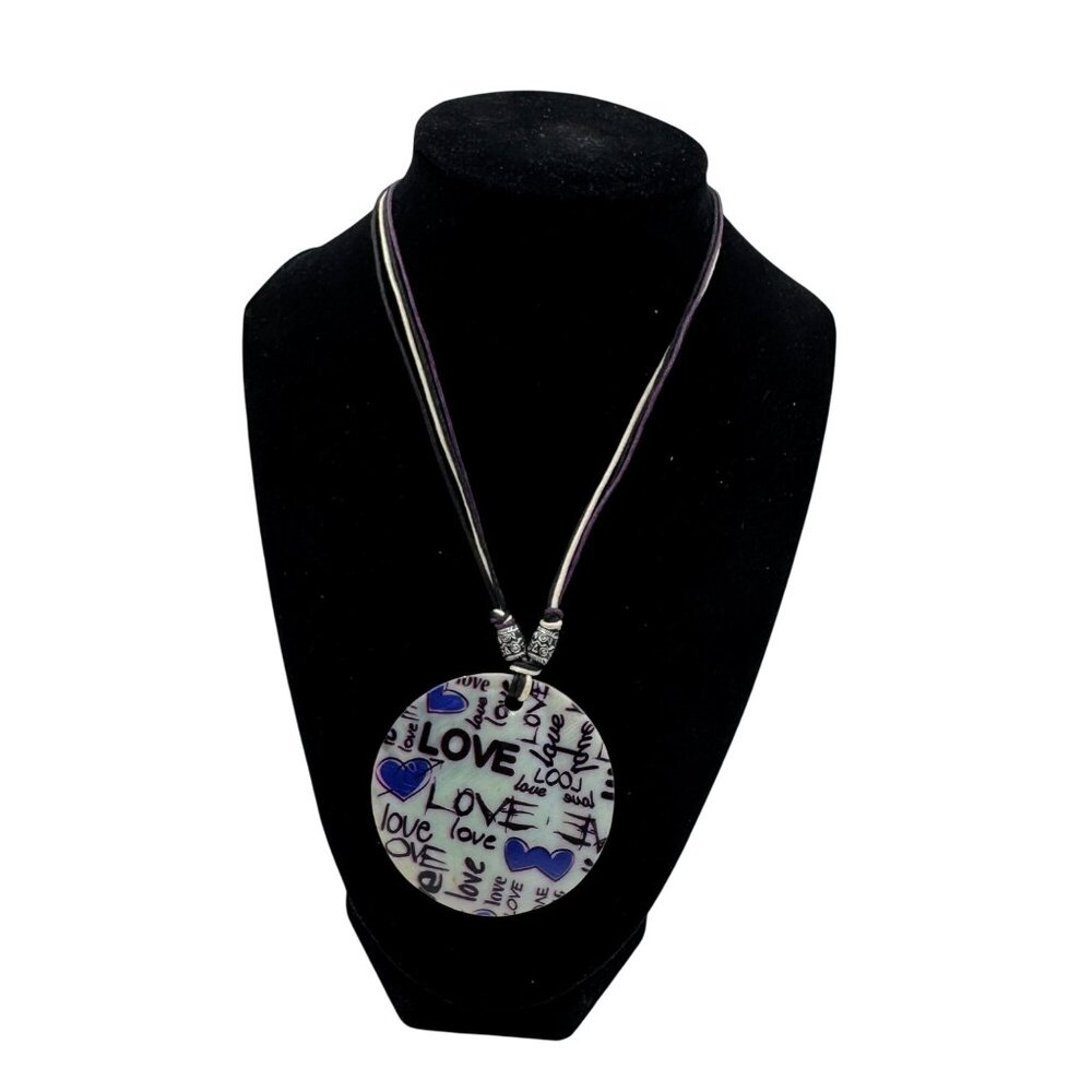 Large Round Graffiti Love Pendant Necklace Purple Heart Accents Lightweight